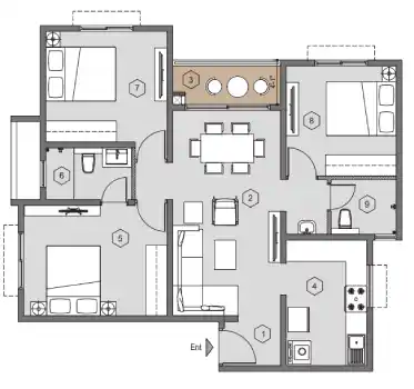 Purva Windermere Apartment 3 BHK Apartment Floor Plan by Puravankara Group located at Pallikaranai, Medavakkam, near Velachery, Chennai Tamil Nadu.