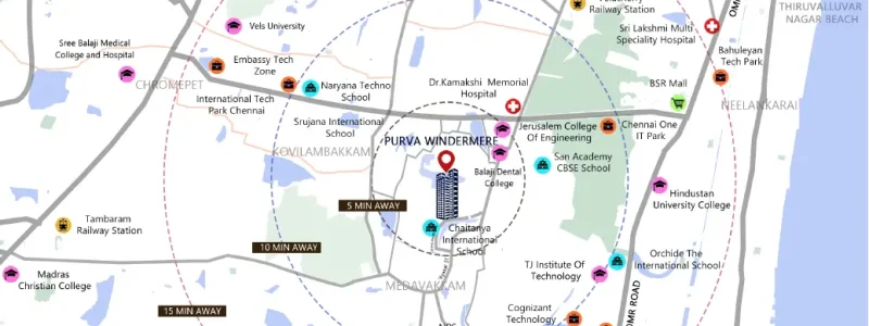 Purva Windermere Apartment location map with birds eye view photo by Puravankara Group located at Pallikaranai, Medavakkam, near Velachery, Chennai Tamil Nadu.